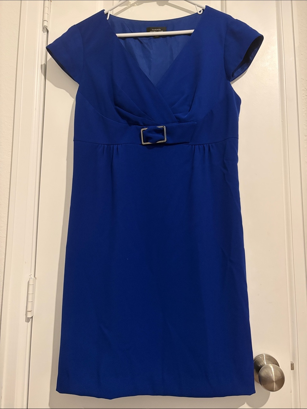 Tahari Royal Blue Cap-Sleeve Sheath Dress with Waist Buckle